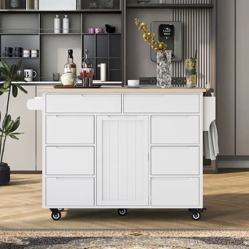 Rolling Kitchen Island with 8 Drawers and Rubber Wood Top