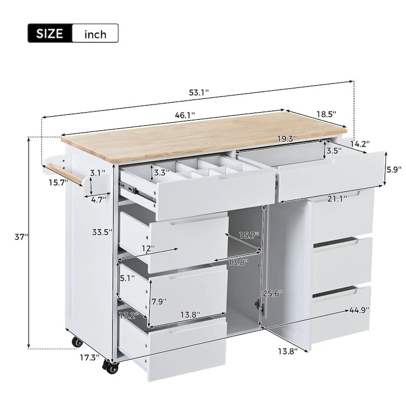 Rolling Kitchen Island with 8 Drawers and Rubber Wood Top