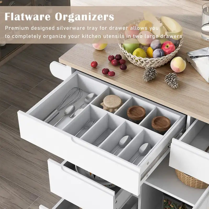 Rolling Kitchen Island with 8 Drawers and Rubber Wood Top