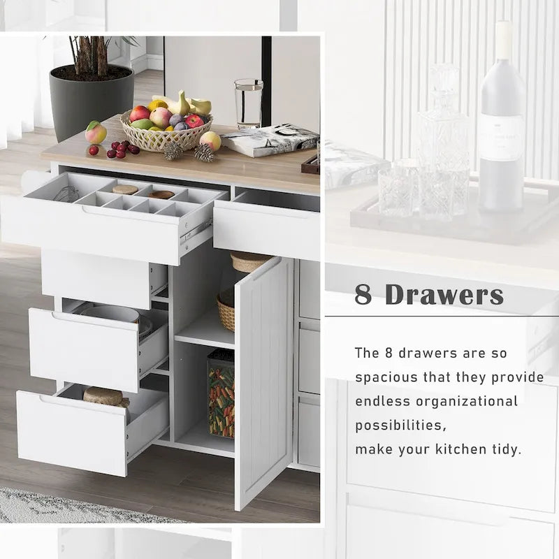 Rolling Kitchen Island with 8 Drawers and Rubber Wood Top