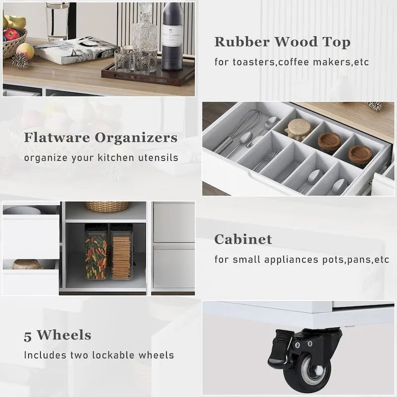 Rolling Kitchen Island with 8 Drawers and Rubber Wood Top