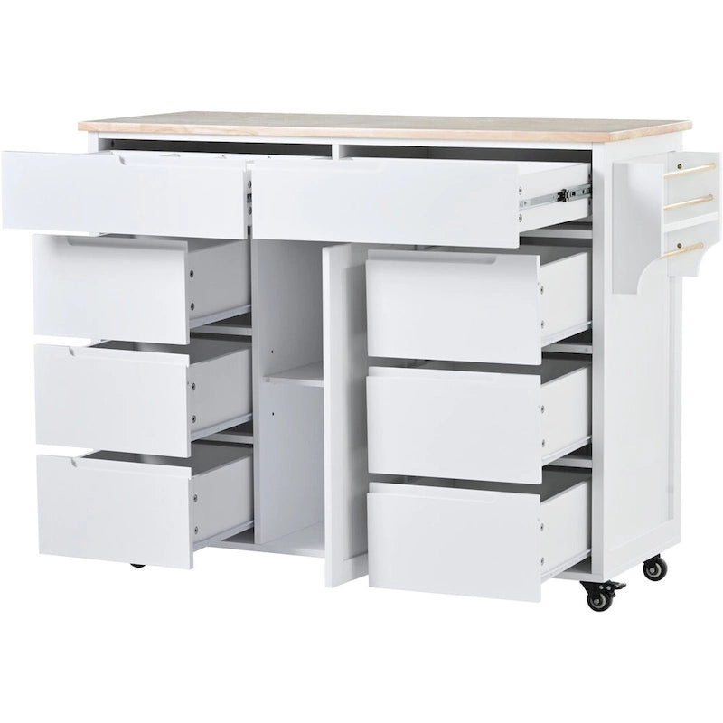 Rolling Kitchen Island with 8 Drawers and Rubber Wood Top