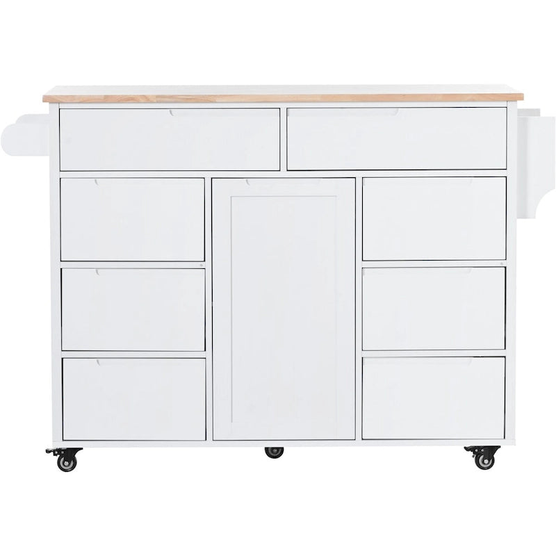 Rolling Kitchen Island with 8 Drawers and Rubber Wood Top
