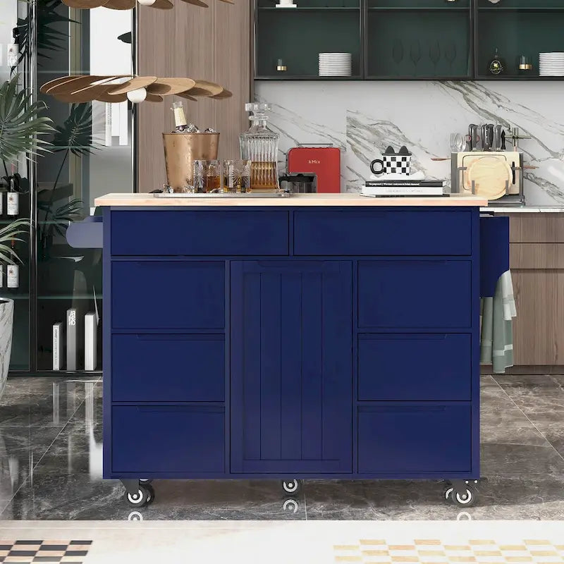 Rolling Kitchen Island with 8 Drawers and Rubber Wood Top