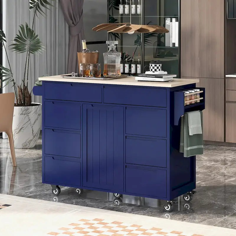 Rolling Kitchen Island with 8 Drawers and Rubber Wood Top