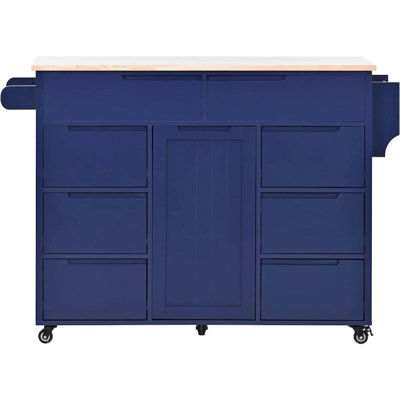 Rolling Kitchen Island with 8 Drawers and Rubber Wood Top