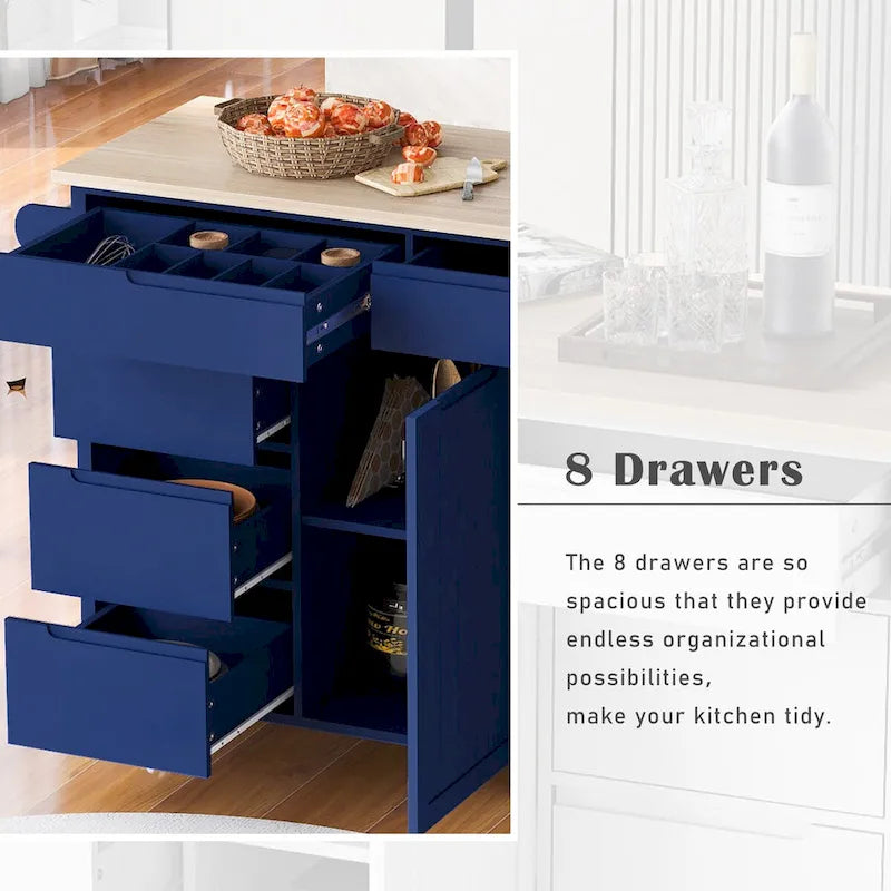Rolling Kitchen Island with 8 Drawers and Rubber Wood Top