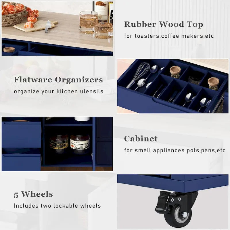 Rolling Kitchen Island with 8 Drawers and Rubber Wood Top