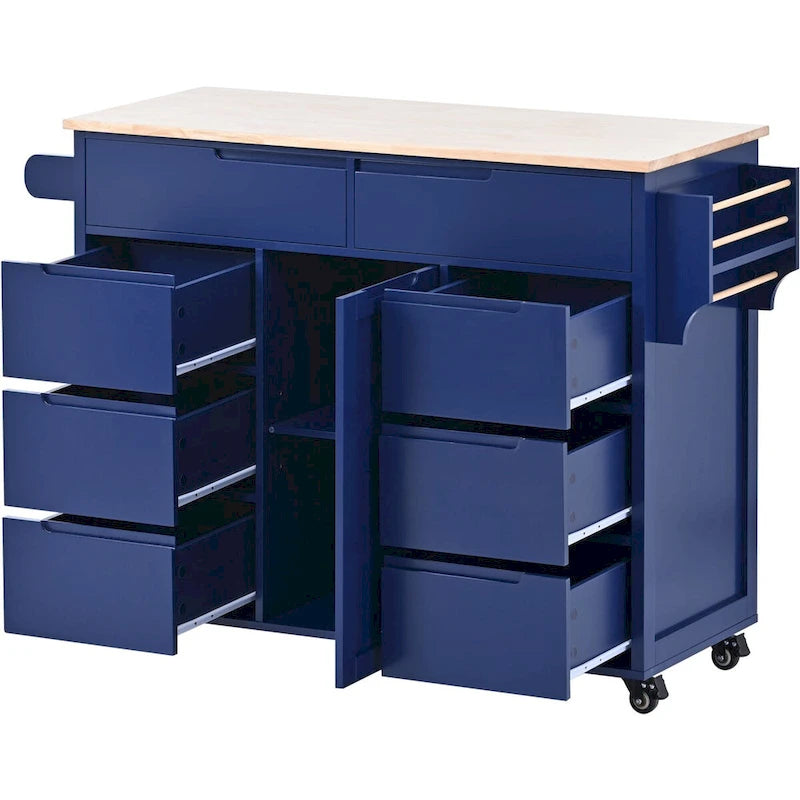 Rolling Kitchen Island with 8 Drawers and Rubber Wood Top
