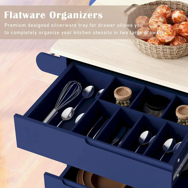 Rolling Kitchen Island with 8 Drawers and Rubber Wood Top