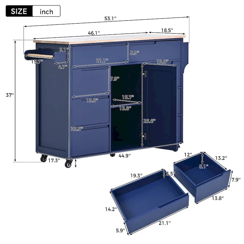 Rolling Kitchen Island with 8 Drawers and Rubber Wood Top