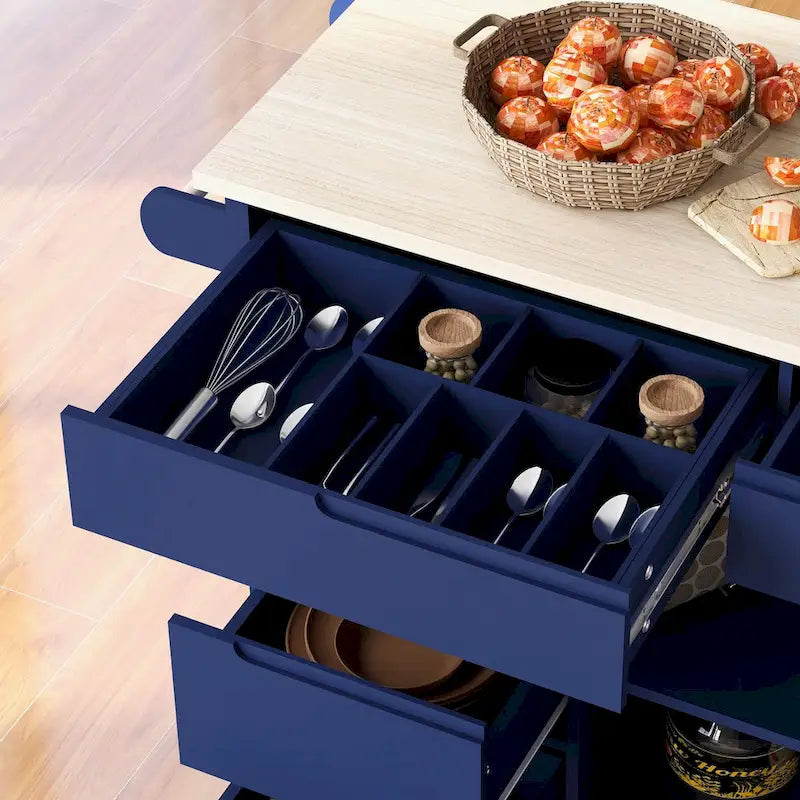 Rolling Kitchen Island with 8 Drawers and Rubber Wood Top