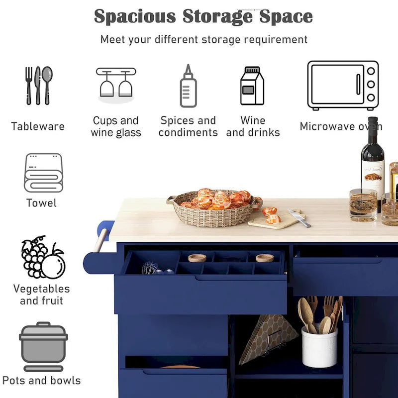Rolling Kitchen Island with 8 Drawers and Rubber Wood Top