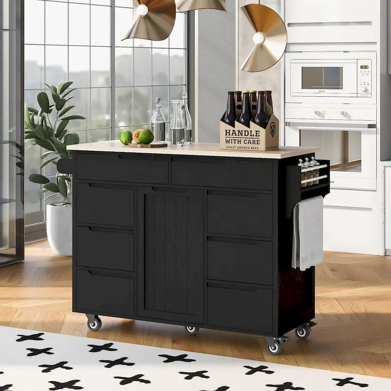 Rolling Kitchen Island with 8 Drawers and Rubber Wood Top
