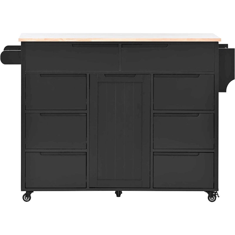 Rolling Kitchen Island with 8 Drawers and Rubber Wood Top