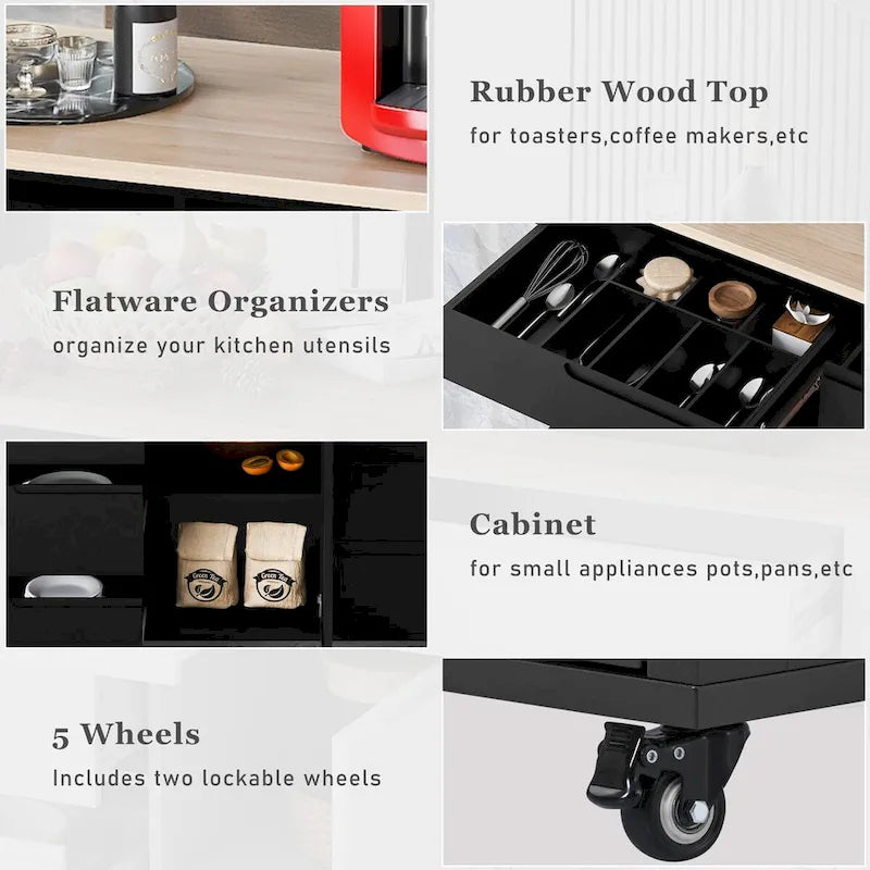 Rolling Kitchen Island with 8 Drawers and Rubber Wood Top