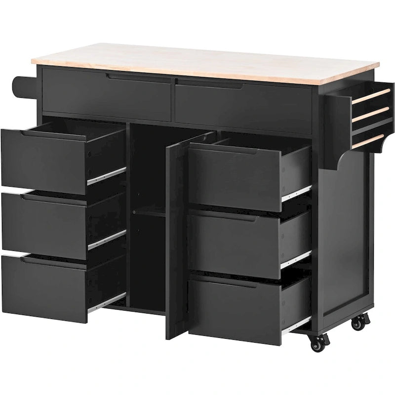 Rolling Kitchen Island with 8 Drawers and Rubber Wood Top