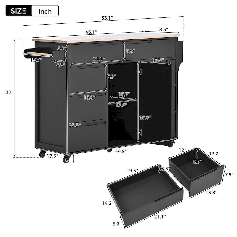 Rolling Kitchen Island with 8 Drawers and Rubber Wood Top