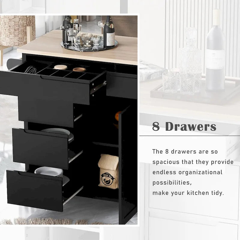 Rolling Kitchen Island with 8 Drawers and Rubber Wood Top