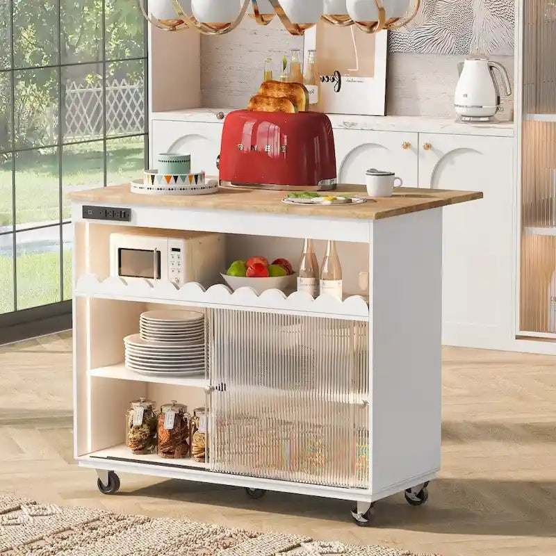 Rolling Kitchen Island with LED Lighting, Drop Leaf and Power Outlets