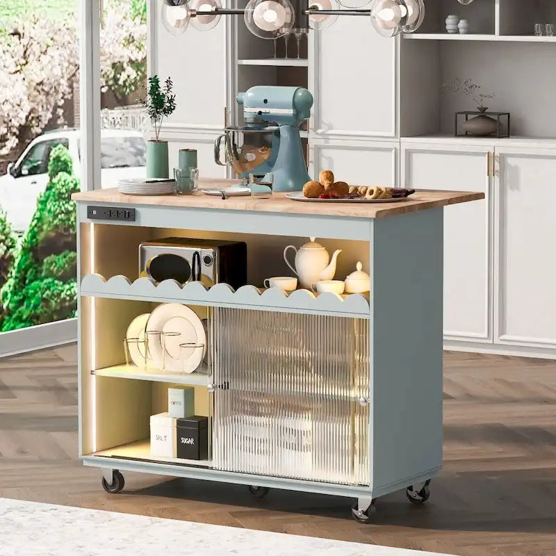 Rolling Kitchen Island with LED Lighting, Drop Leaf and Power Outlets