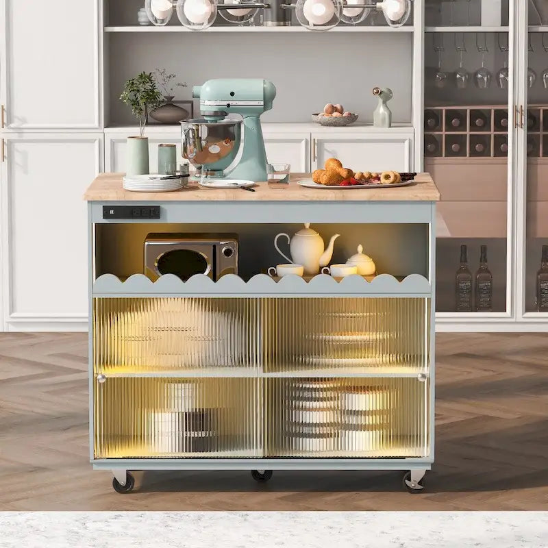Rolling Kitchen Island with LED Lighting, Drop Leaf and Power Outlets