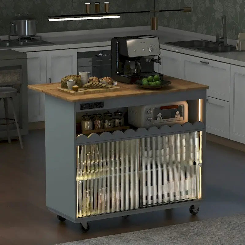 Rolling Kitchen Island with LED Lighting, Drop Leaf and Power Outlets
