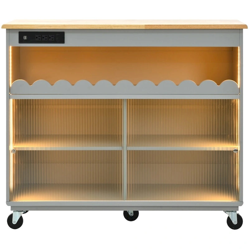 Rolling Kitchen Island with LED Lighting, Drop Leaf and Power Outlets