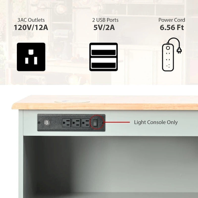 Rolling Kitchen Island with LED Lighting, Drop Leaf and Power Outlets