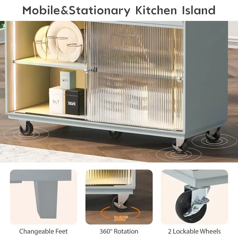 Rolling Kitchen Island with LED Lighting, Drop Leaf and Power Outlets