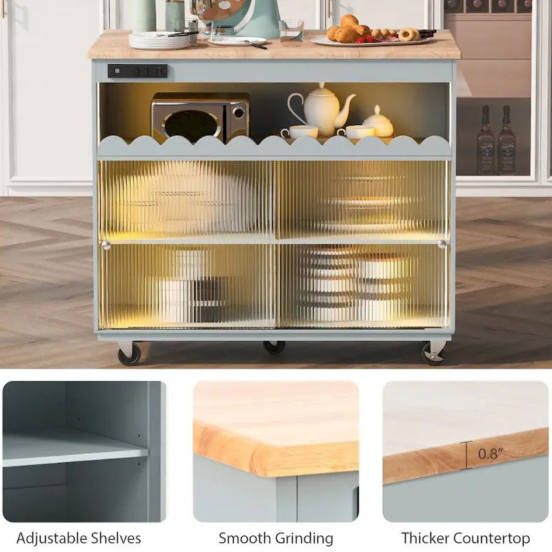 Rolling Kitchen Island with LED Lighting, Drop Leaf and Power Outlets