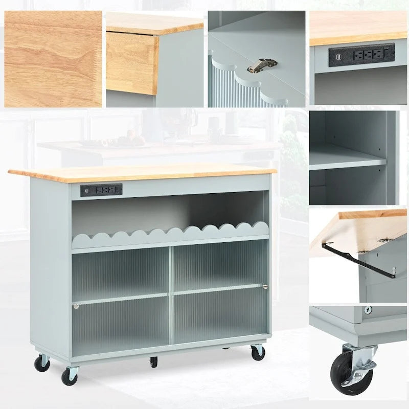 Rolling Kitchen Island with LED Lighting, Drop Leaf and Power Outlets