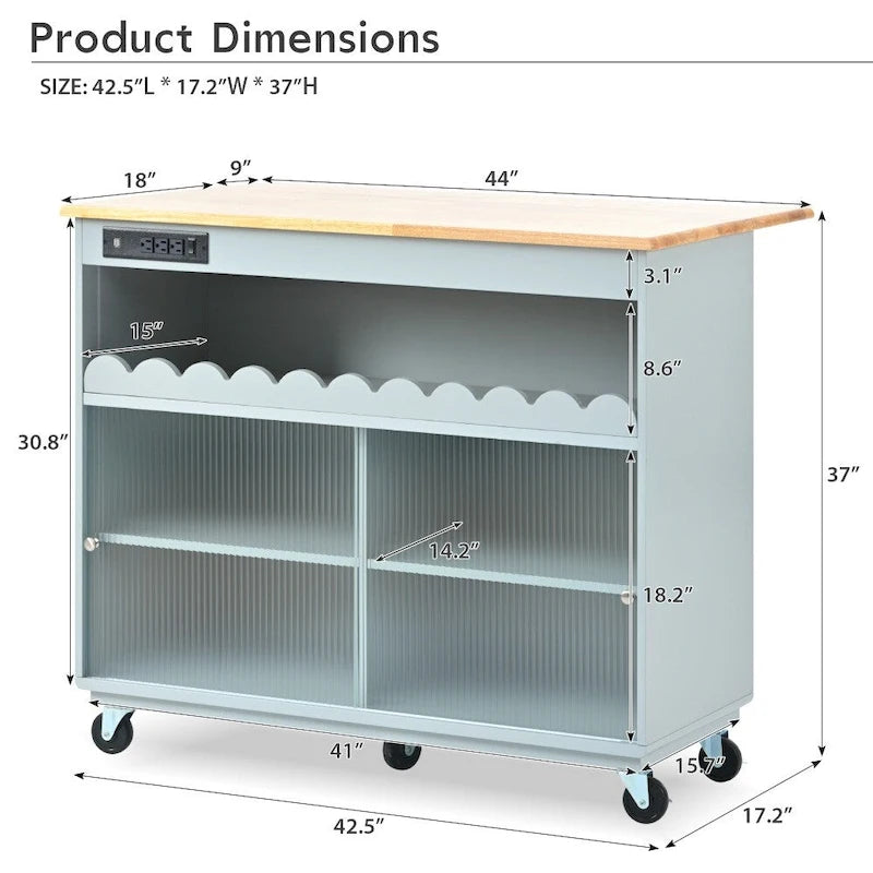 Rolling Kitchen Island with LED Lighting, Drop Leaf and Power Outlets