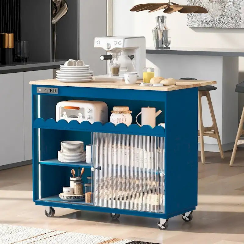 Rolling Kitchen Island with LED Lighting, Drop Leaf and Power Outlets