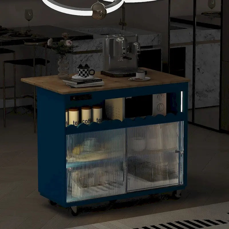 Rolling Kitchen Island with LED Lighting, Drop Leaf and Power Outlets
