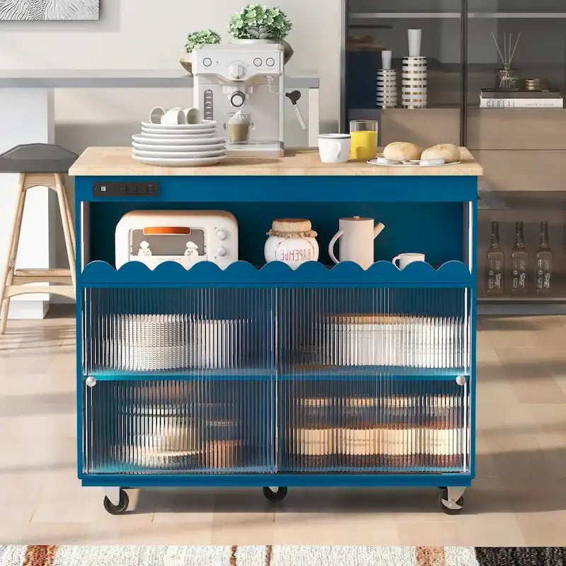 Rolling Kitchen Island with LED Lighting, Drop Leaf and Power Outlets