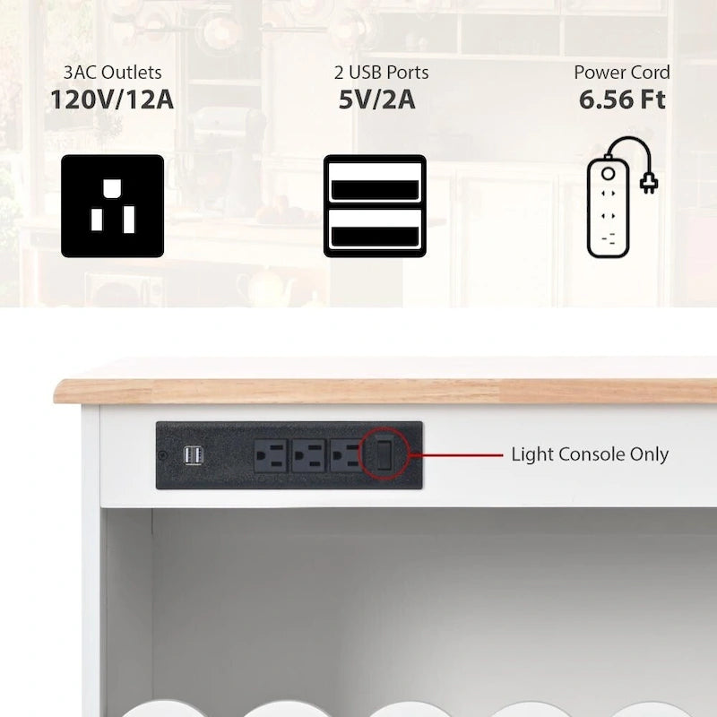 Rolling Kitchen Island with LED Lighting, Drop Leaf and Power Outlets