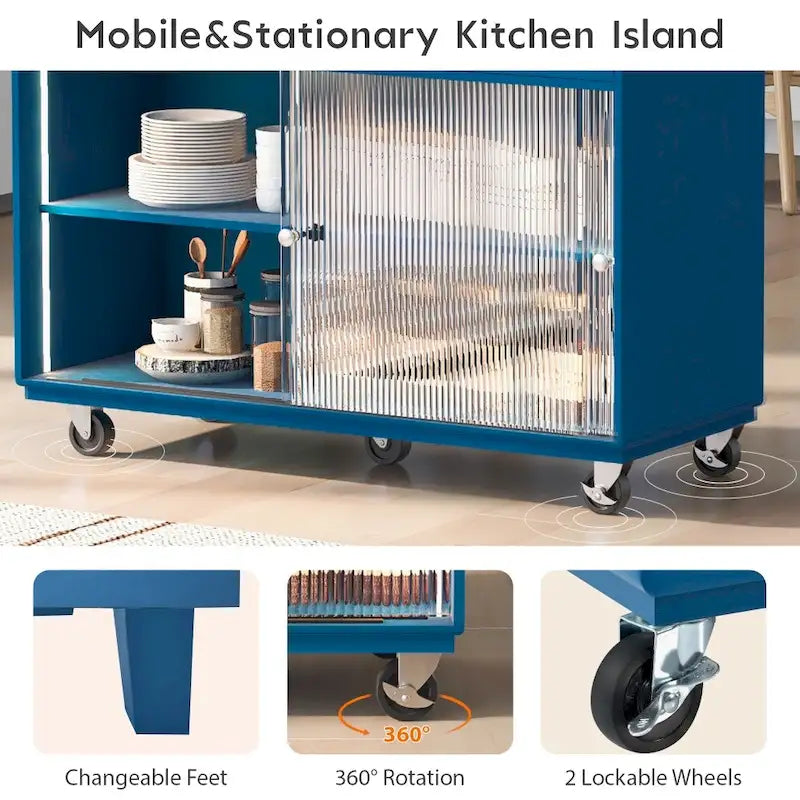 Rolling Kitchen Island with LED Lighting, Drop Leaf and Power Outlets