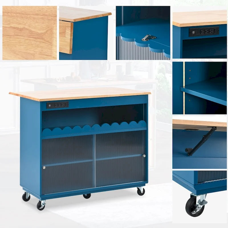 Rolling Kitchen Island with LED Lighting, Drop Leaf and Power Outlets