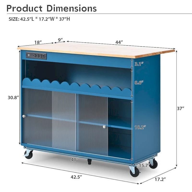 Rolling Kitchen Island with LED Lighting, Drop Leaf and Power Outlets