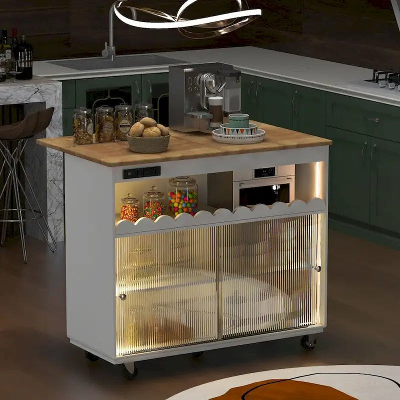 Rolling Kitchen Island with LED Lighting, Drop Leaf and Power Outlets