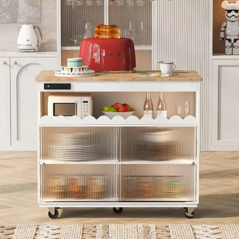 Rolling Kitchen Island with LED Lighting, Drop Leaf and Power Outlets
