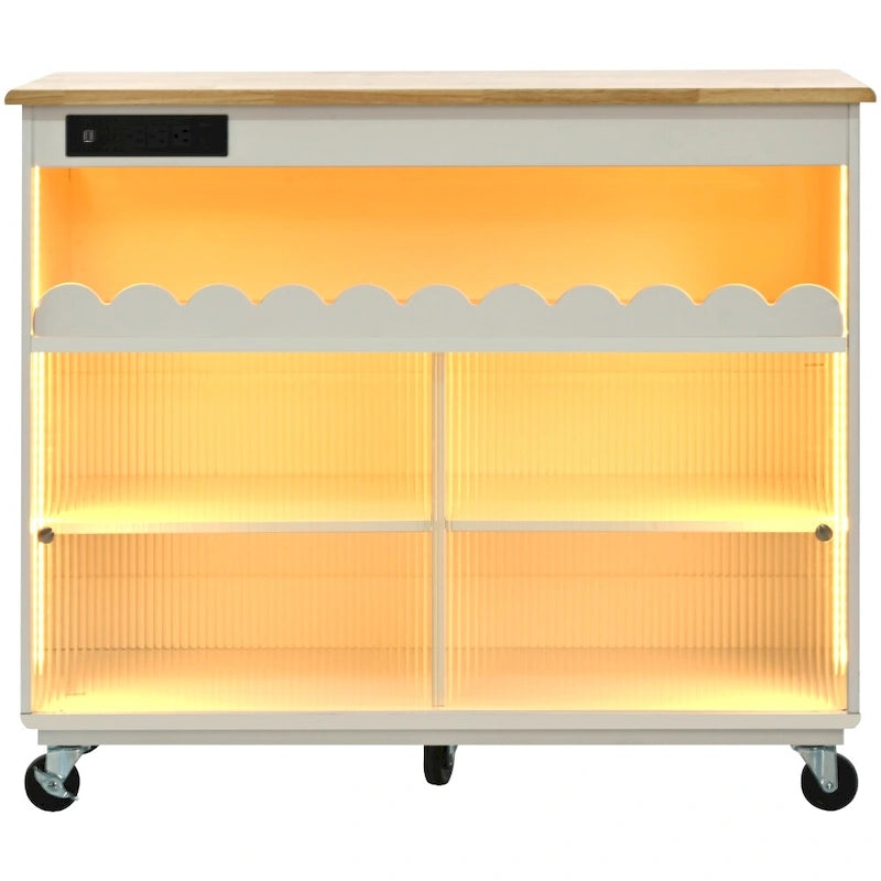 Rolling Kitchen Island with LED Lighting, Drop Leaf and Power Outlets