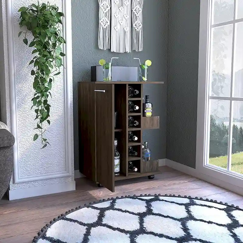 Rolling Bar Cart with Cabinet, Bottle Storage and Four Casters