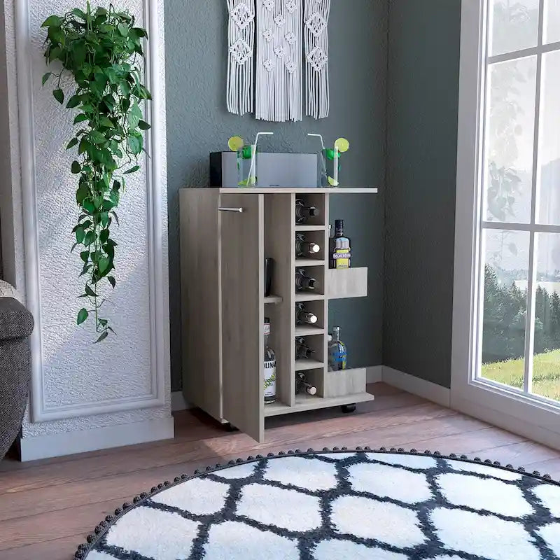 Rolling Bar Cart with Cabinet, Bottle Storage and Four Casters