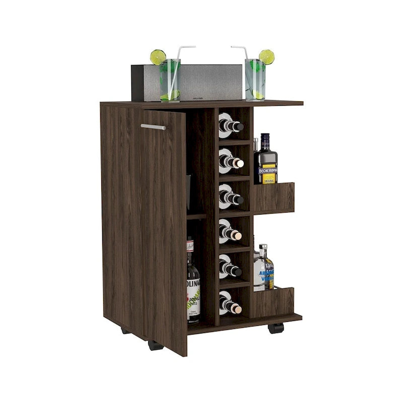 Rolling Bar Cart with Cabinet, Bottle Storage and Four Casters