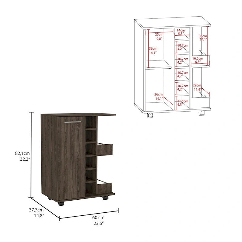 Rolling Bar Cart with Cabinet, Bottle Storage and Four Casters
