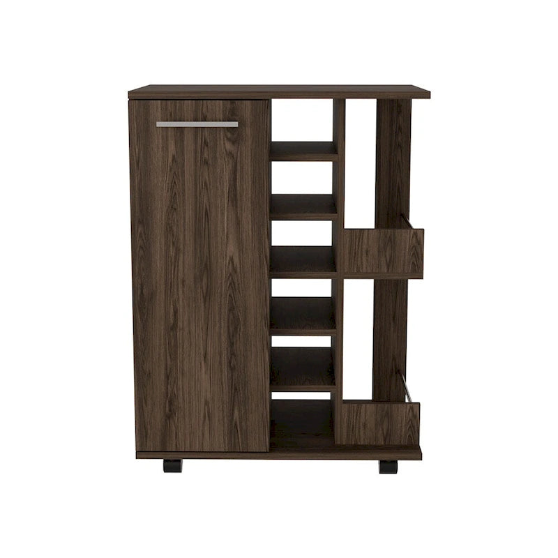 Rolling Bar Cart with Cabinet, Bottle Storage and Four Casters