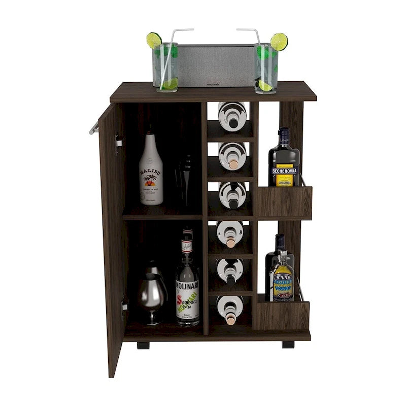Rolling Bar Cart with Cabinet, Bottle Storage and Four Casters