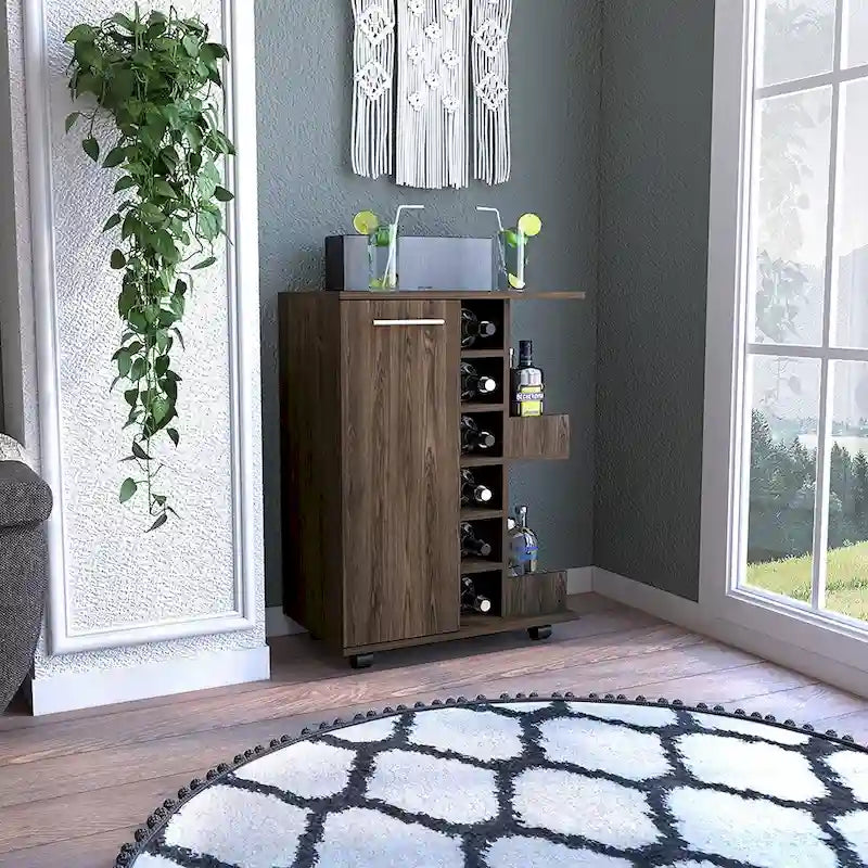 Rolling Bar Cart with Cabinet, Bottle Storage and Four Casters
